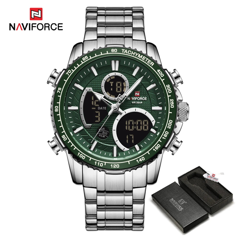 NAVIFORCE Men’s Sports Watch – Original luxury stainless steel wristwatch, water-resistant military-style model with dual display