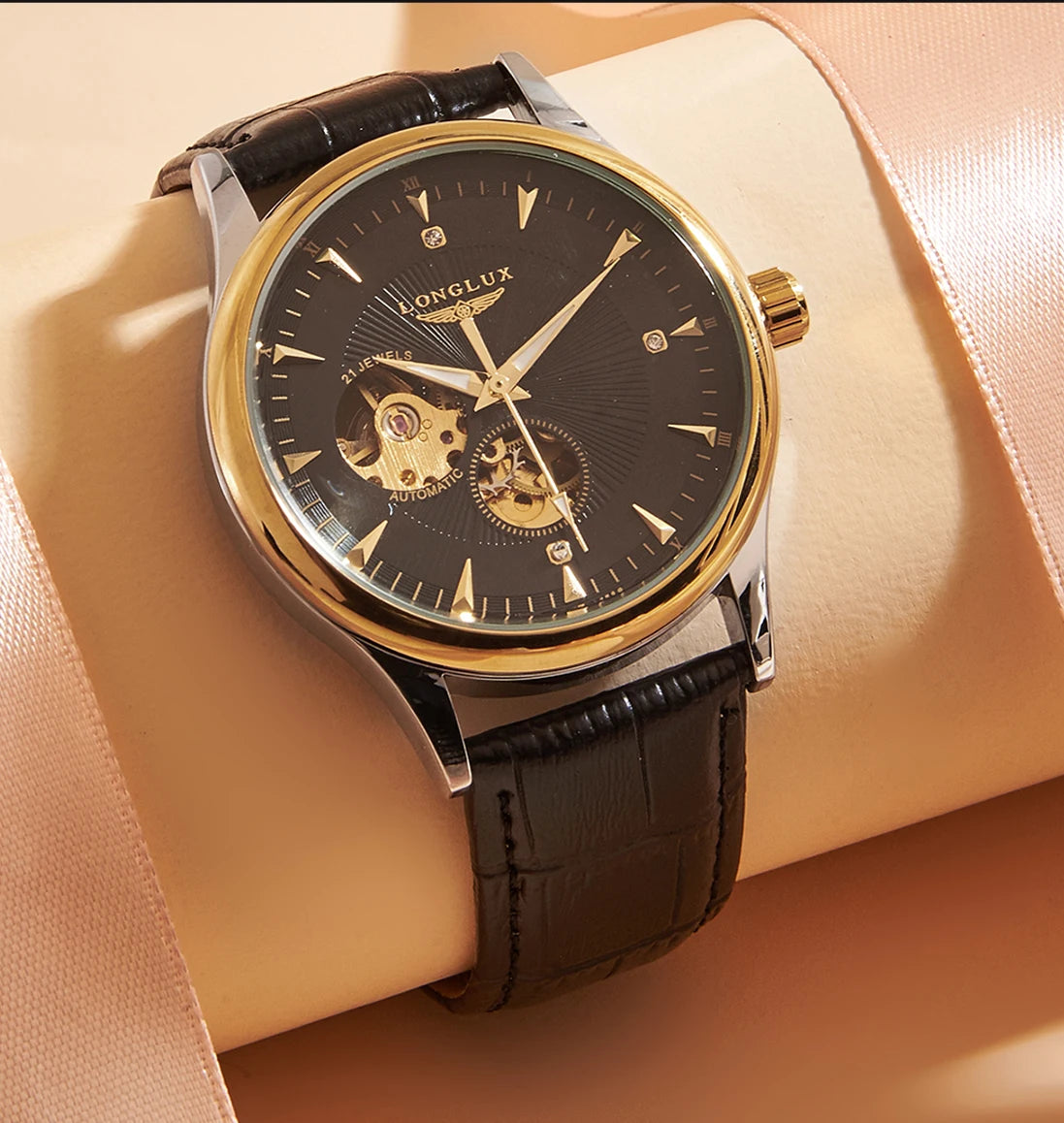 LONGLUX automatic watch elegant style wholesale mechanical wristwatches skeleton rome waterproof  mens watch men gift
