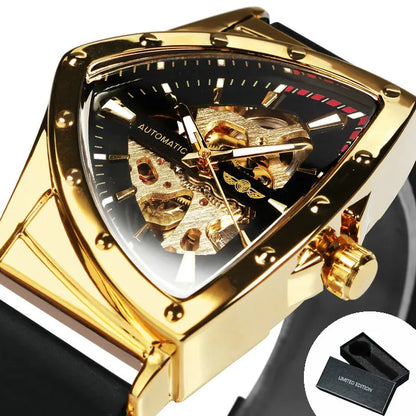 Montre automatique pour homme WINNER, design squelette triangulaire, aiguilles luminescentes, bracelet en caoutchouc, style militaire, montre mécanique de luxe