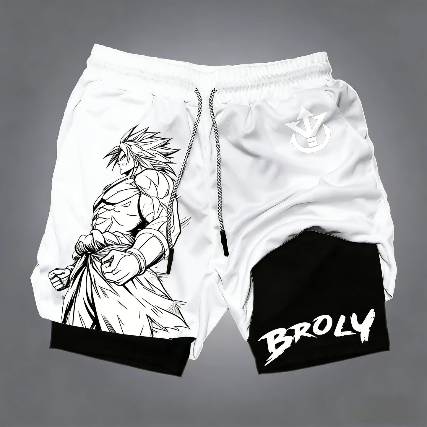 Dragon Ball dubbellaagse herenshort Son Goku zomer Japanse anime nep-tweedelige sport- en fitnessshort, sneldrogend