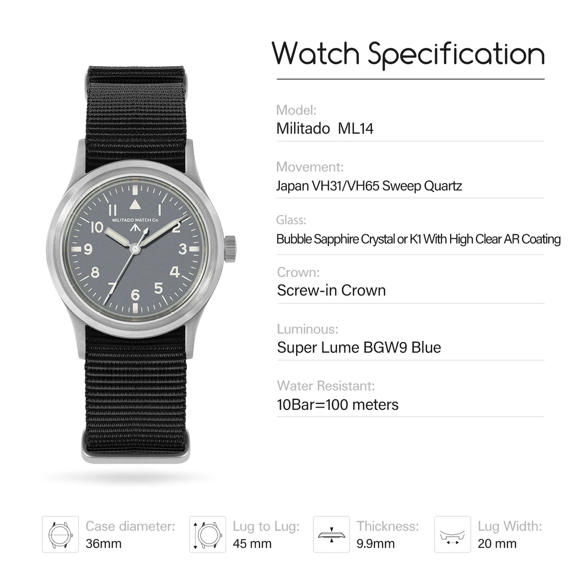 Militado ML14 Quartz Watch VH31 Movement Bubble Sapphire Crystal Vintage Watch 100m Waterproof BGW9 C3 Luminous Watch