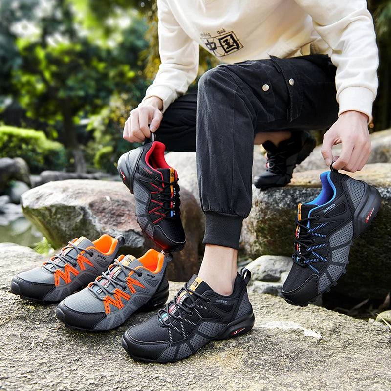 Męskie buty trekkingowe — terenowe buty sportowe outdoor, oddychająca siateczka, antypoślizgowe i odporne na zużycie, do wędrówek i jazdy na rowerze na zewnątrz