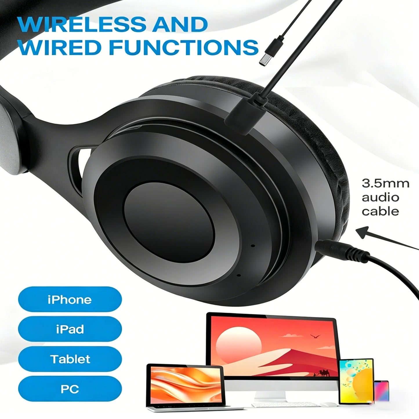 High Fidelity Bluetooth Wireless Headset, Clear Stereo Sound Over Ear Headphones with Built-in HD Mic, Stable Connection