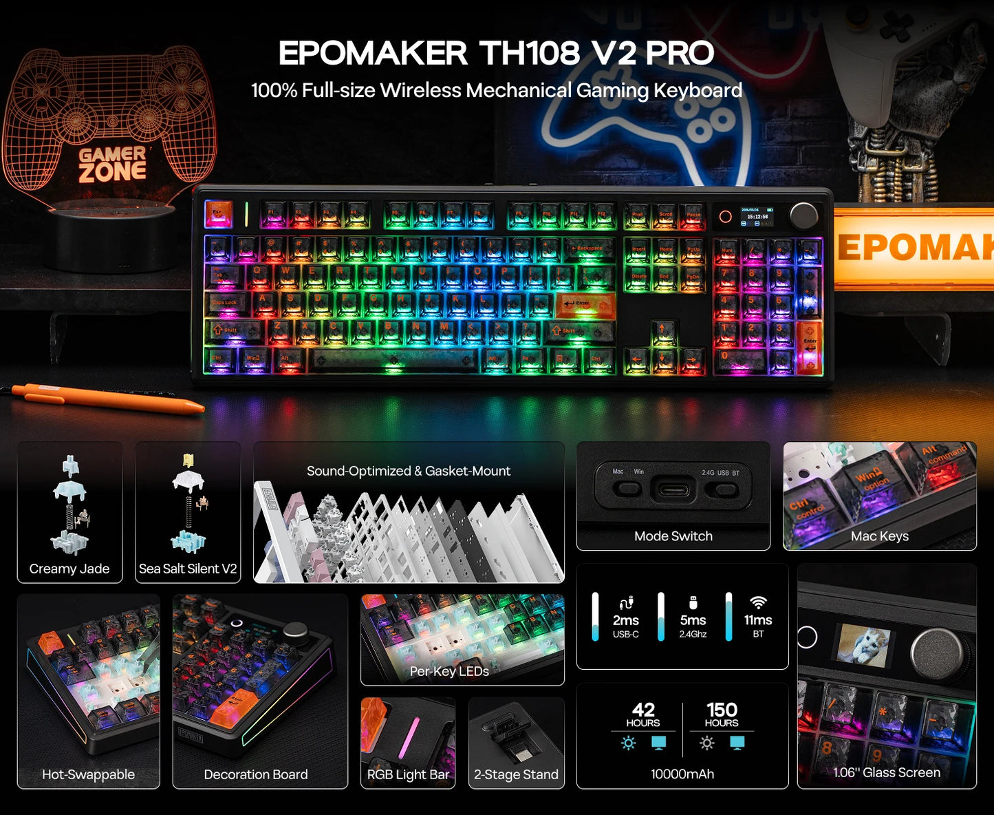 EPOMAKER TH108 V2 PRO 100% ANSI US Layout Wired/Bluetooth/2.4Ghz Wireless Mac Modifier Mechanical Keyboard with Screen & Knob
