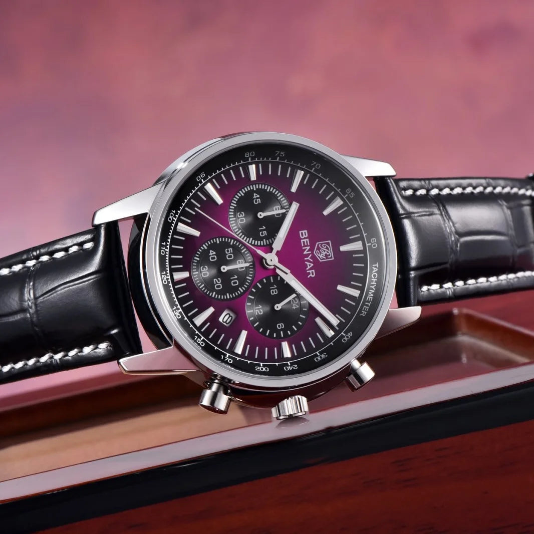 Montre de luxe pour homme Benyar – Chronographe avec date, bracelet en cuir, étanche, luminescente, style sportif et militaire, montre à quartz
