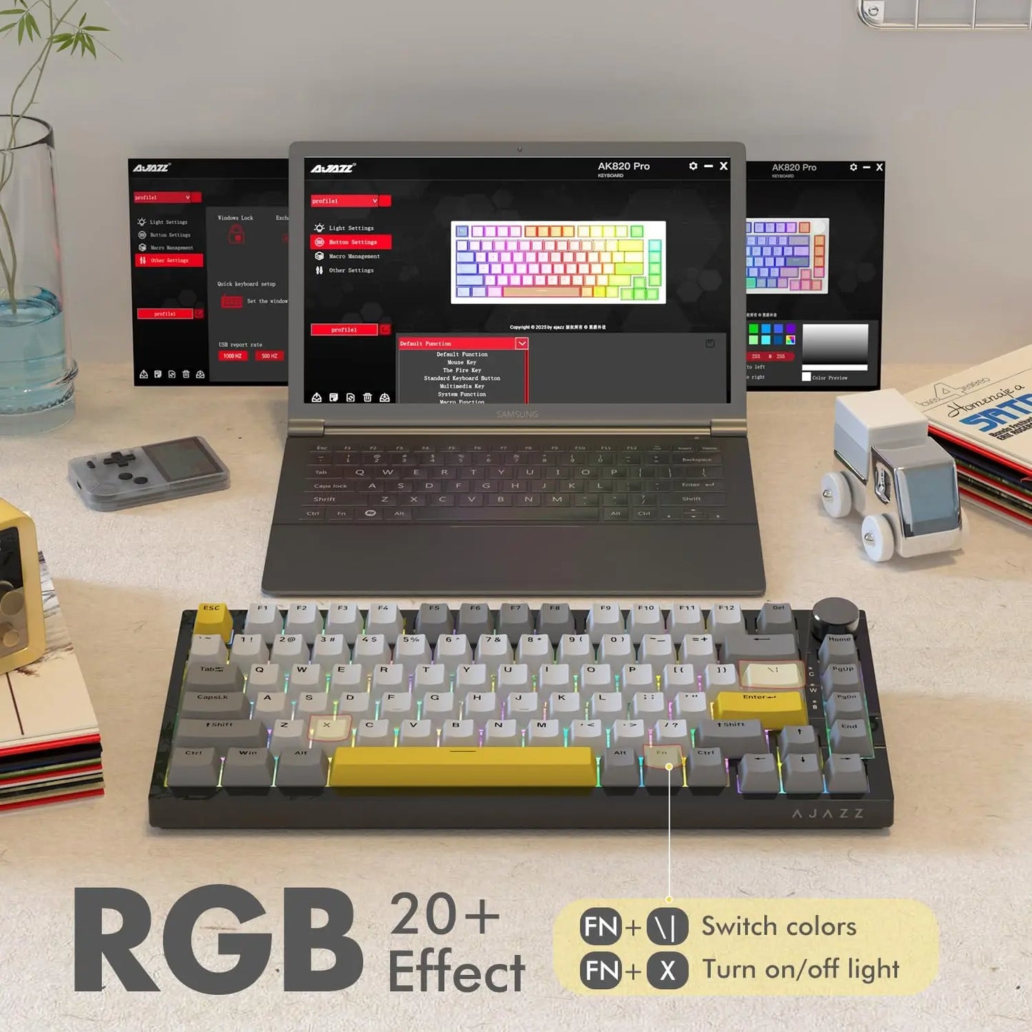 Teclado mecánico con cable AJAZZ AK820 75%: hot‑swappable, retroiluminación RGB/blanca/azul hielo, control con perilla de volumen | Para oficina y gaming