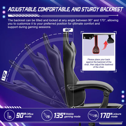 AUTHMIC Ergonomic Gaming Chair with 170° Reclining Backrest, Foldable Footrest, Soft Armrests, Supports150kg,Breathable Material