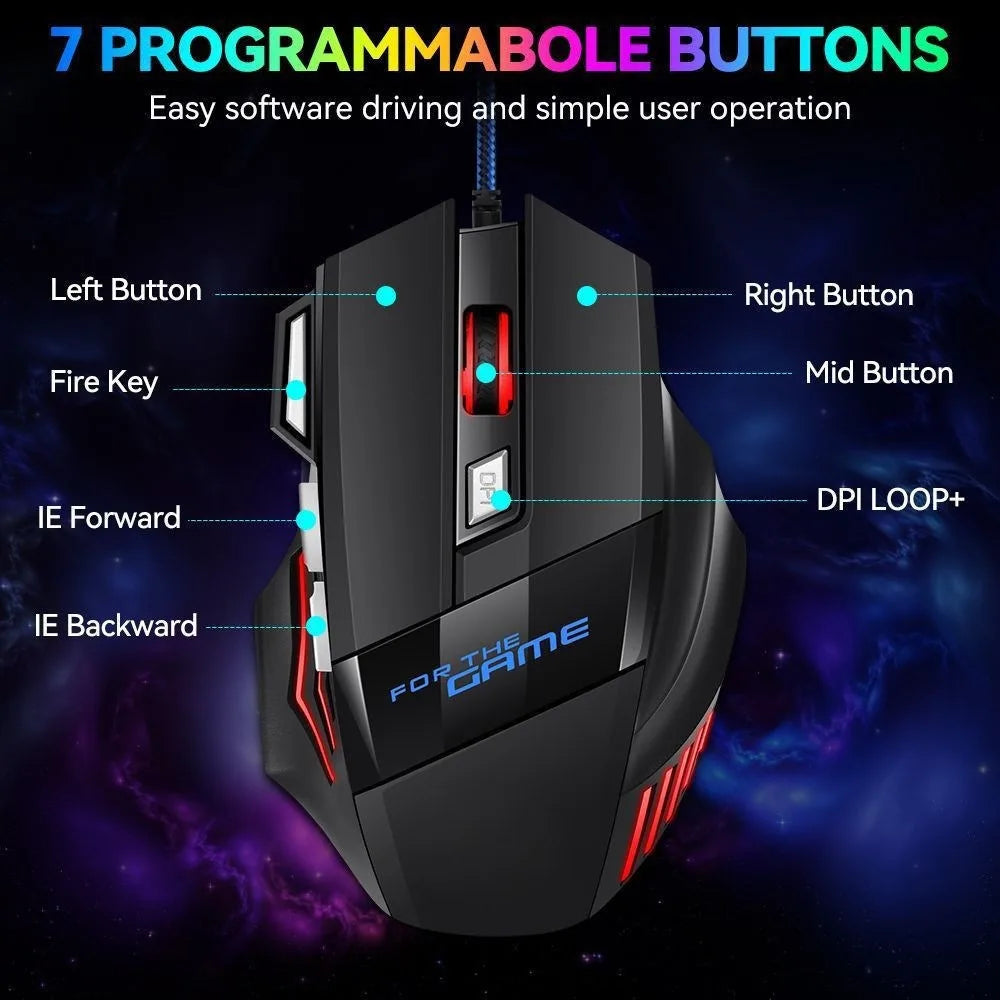 1 szt. nowa ultraszybka mysz gamingowa USB RGB z podświetleniem, ergonomiczna mysz dla graczy 7D Esports, przewodowa mysz do laptopa i PC Gamer
