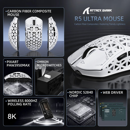 Bezdrátová herní myš ATTACK SHARK R5 Ultra Carbon Fiber, herní senzor PixArt PAW3950MAX, 42000DPI, 8000Hz, MCU Nordic 52840
