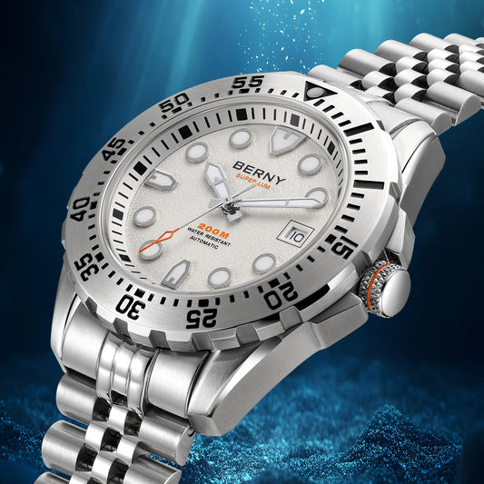 BERNY Men's Automatic Diver Watch Supper Luminous Sapphire AR Coated MIYOTA 8215 316LStainless Steel Single Crown Diving Watches