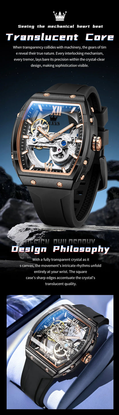 OLEVS 6779 Mens Watch Skeleton Mechanical Watch Fashion Business Sport Waterproof Luminous Silicone Strap Watches For Men