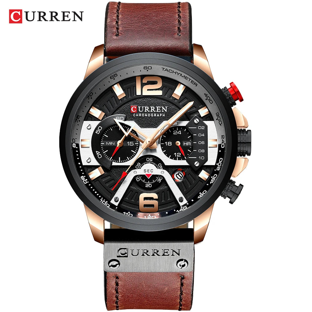 Montre pour homme CURREN 8329 – Style sport décontracté, design militaire, bracelet en cuir, chronographe tendance, montre de luxe de grande marque