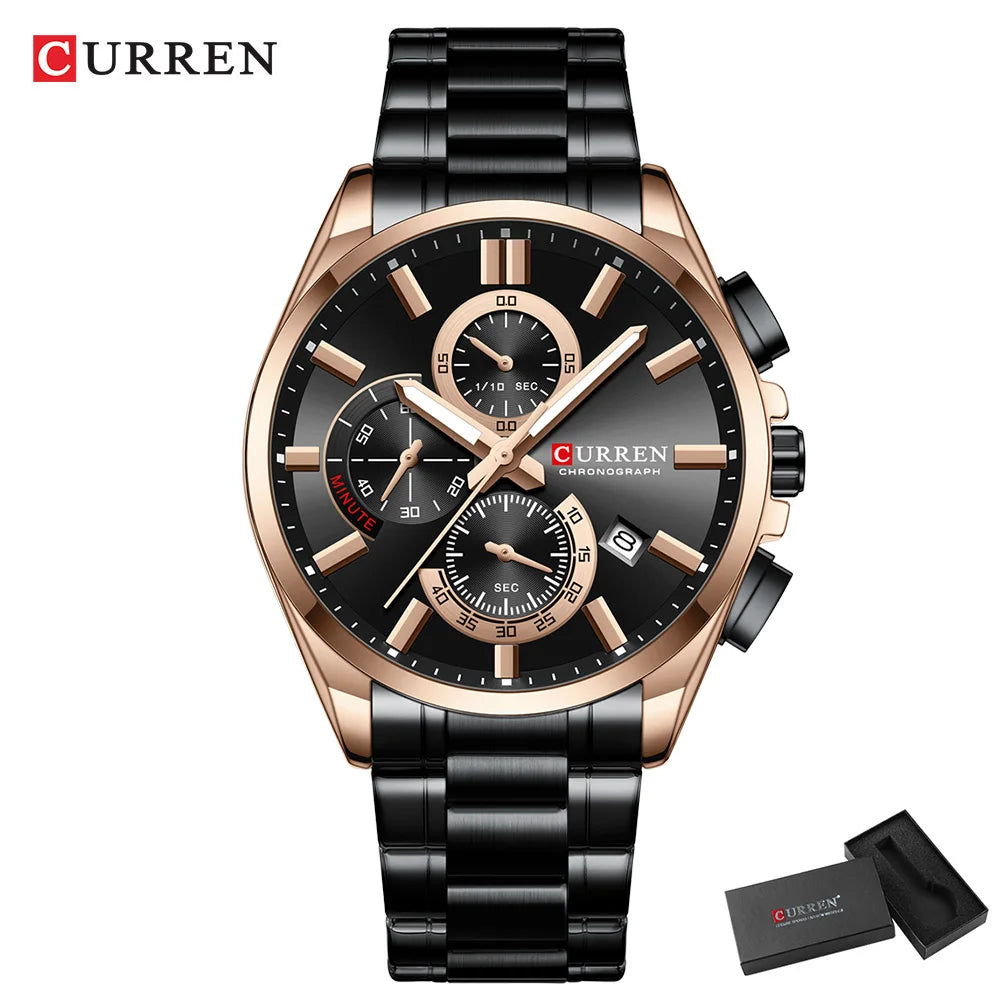 Montre homme CURREN, marque de luxe, originale, étanche, en acier inoxydable, chronographe, phase de lune, date, cadran rotatif