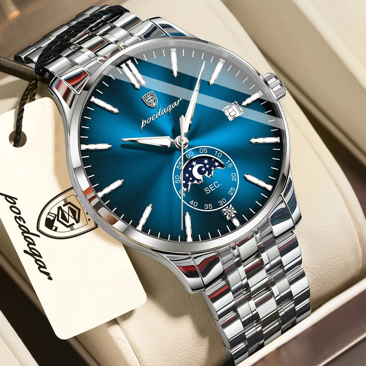 Montre homme de luxe POEDAGAR, style décontracté, en acier inoxydable, à quartz, étanche, lumineuse, avec date, élégante.