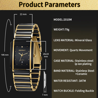 BERNY Ceramic Quartz Men Watch Fashion Luxury Rectangle Wristwatch XV12 Waterproof Calendar Diamon Black Gold Couple Gifts Watch
