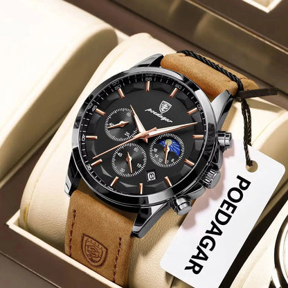 Montre-bracelet de luxe élégante pour homme POEDAGAR, étanche, chronographe, date lumineuse, bracelet en cuir, mouvement à quartz, montre de sport pour homme