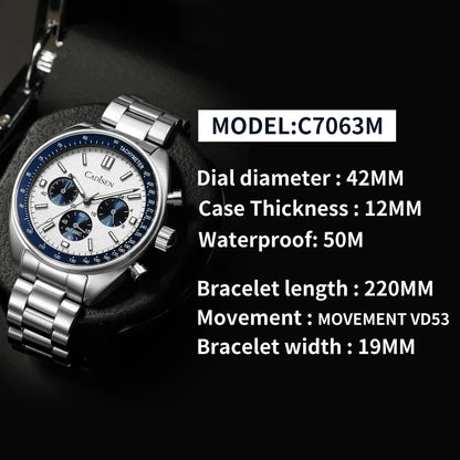 CADISEN Men's Sport Chronograph Watch Japan VD53 Movt Quartz Watches Sapphire Glass Stainless Steel Wristwatch For Men