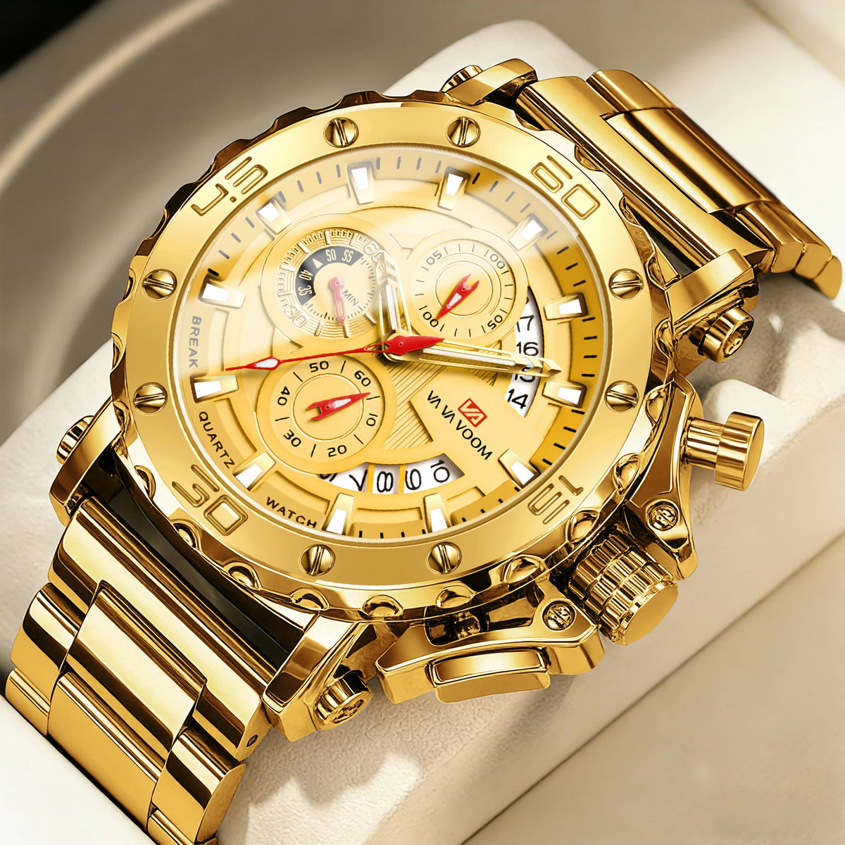 Montre chronographe VA VA VOOM pour homme, calendrier, lumineuse, étanche, montre de luxe en acier inoxydable à quartz.