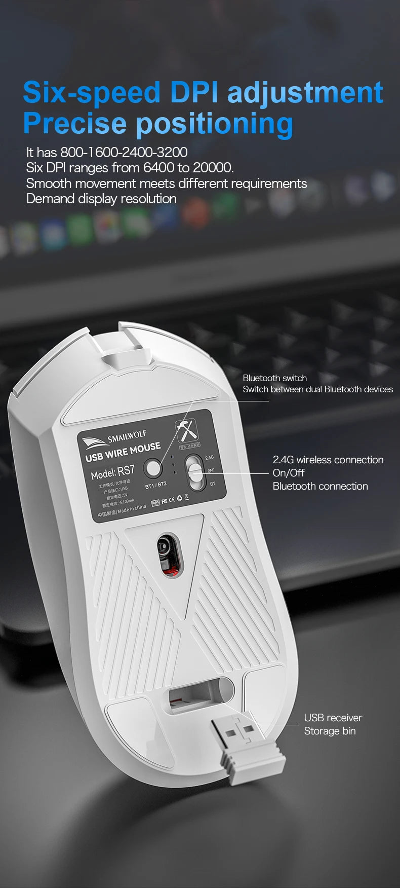 Bezdrátová herní myš SMAILWOLF RS7 Bluetooth, tři režimy, PAW3311, makra s vysokou přesností, pro notebook, gaming i kancelář