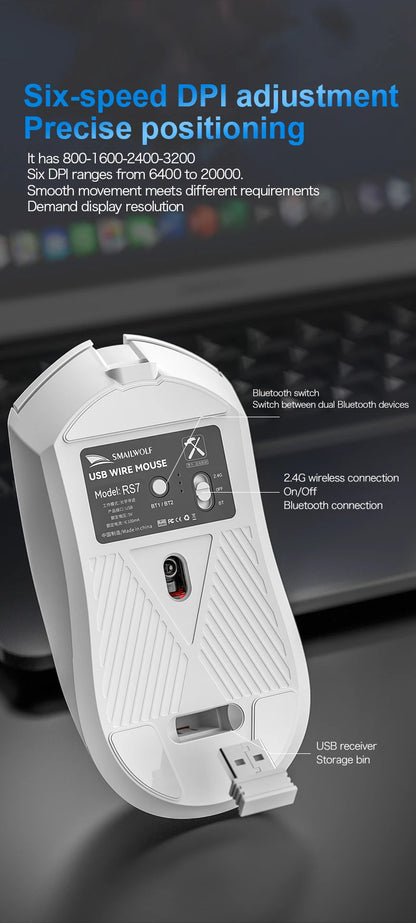 Bezdrátová herní myš SMAILWOLF RS7 Bluetooth, tři režimy, PAW3311, makra s vysokou přesností, pro notebook, gaming i kancelář