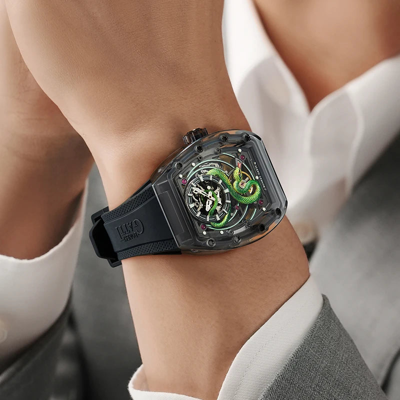 BONEST GATTI Men Mechanical Watch Sapphire Crystal Double Sided Hollow Out Luminous 30M Waterproof Snake Pattern Dial Wristwatch