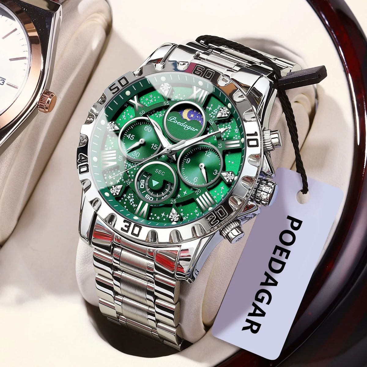 Montre homme de luxe POEDAGAR, étanche, lumineuse, en acier inoxydable, à quartz, chronographe, style militaire.