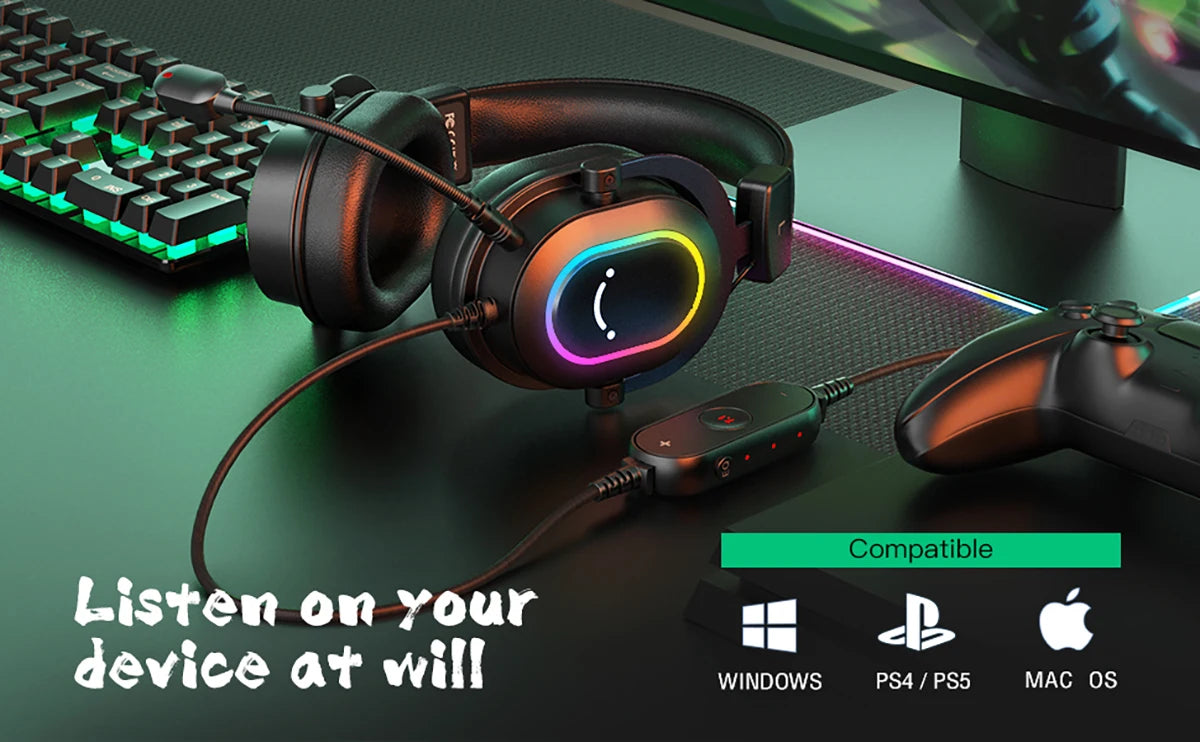 FIFINE RGB Gaming Headset with Mic – 7.1 Surround Sound Wired Over-Ear USB Headphones for PC, PS4, PS5, with EQ Modes & Noise Isolation