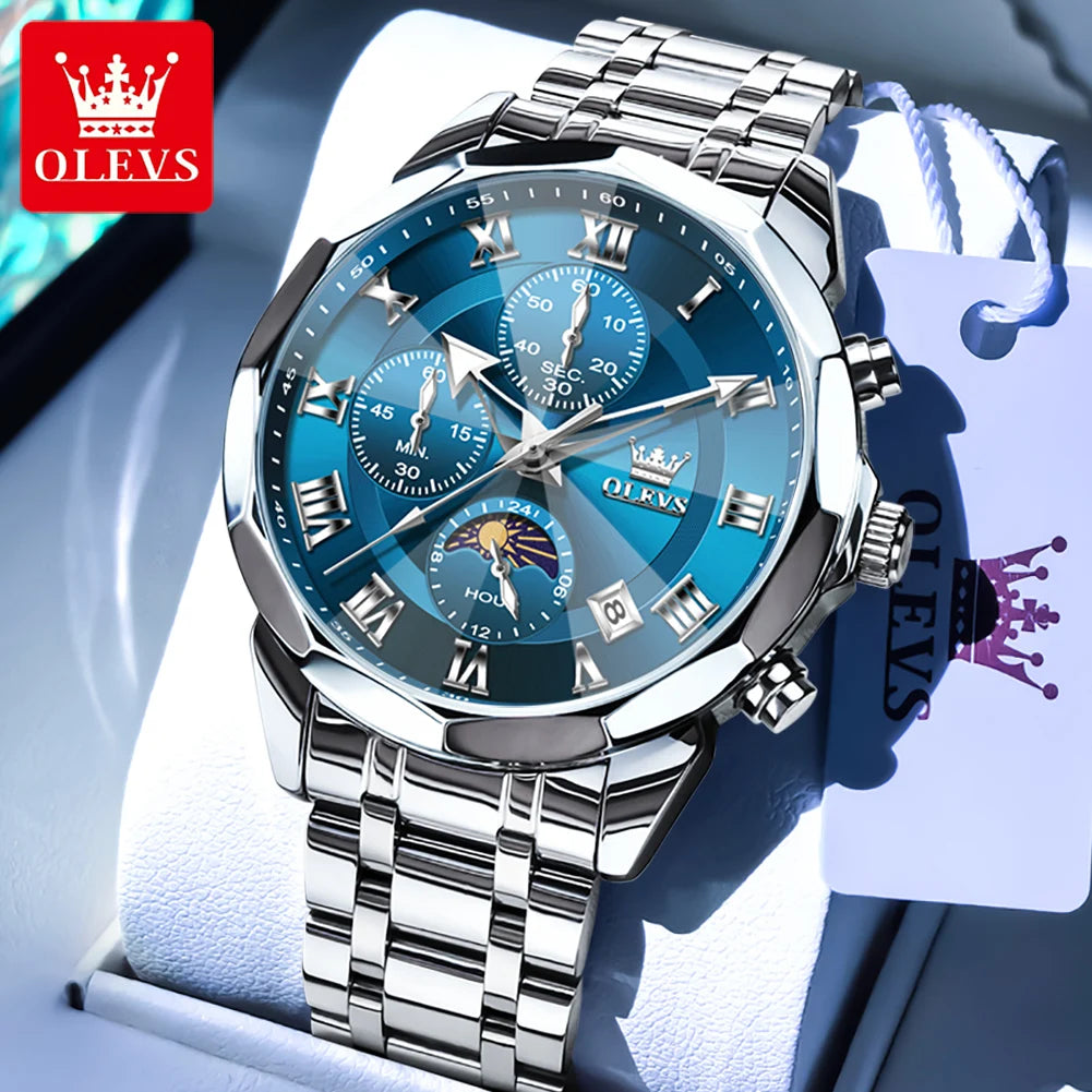 OLEVS 3675 Mens Watch Original Multifunctional Chronograph Quartz Watch Moon Phase Watches For Men Waterproof Mens Gifts Reloj