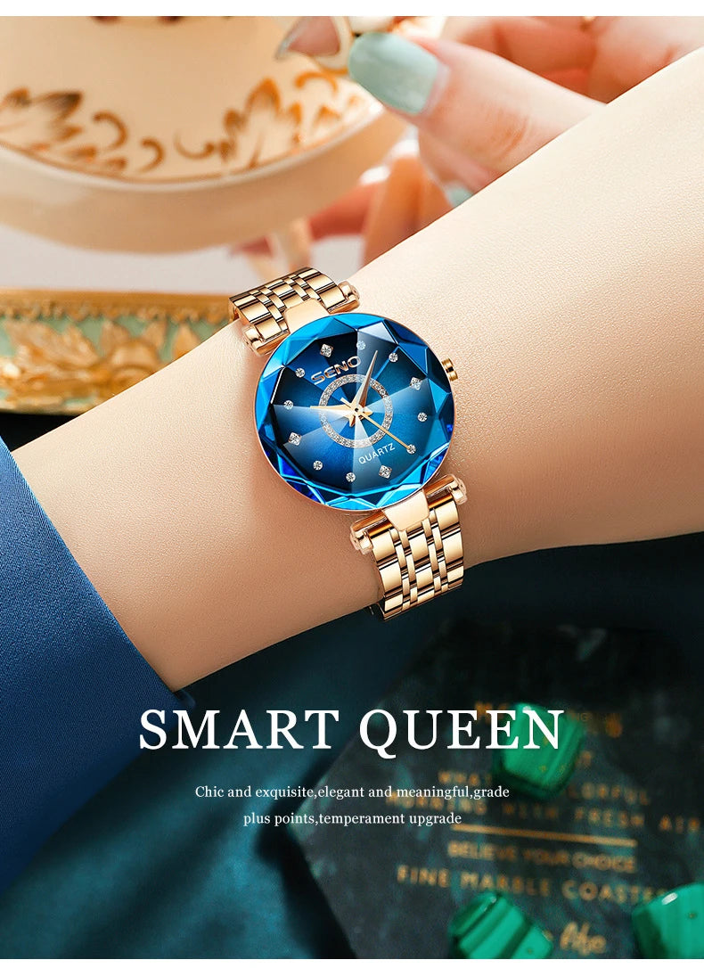 SENO Ocean Star Women Crystal Watch 2025 Top Brand Luxury Rose Gold Women Bracelet Watch For Ladies Wrist Watch Relogio Feminino