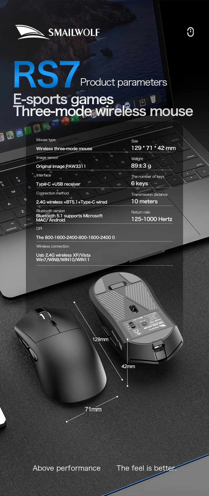 Bezdrátová herní myš SMAILWOLF RS7 Bluetooth, tři režimy, PAW3311, makra s vysokou přesností, pro notebook, gaming i kancelář