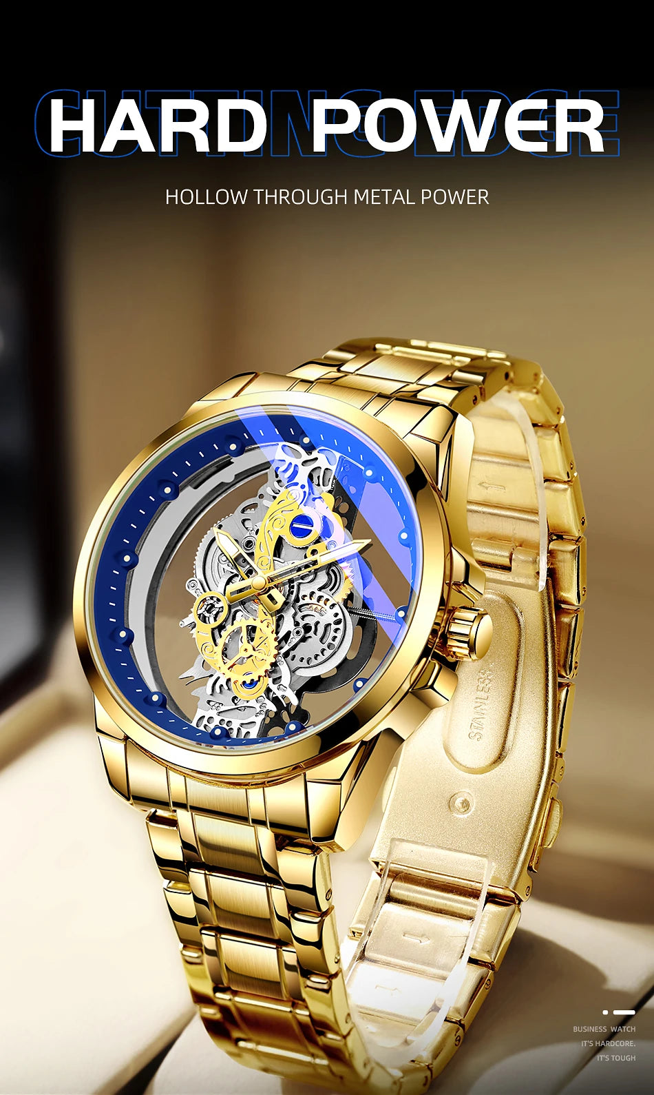 TPW Hot Trendy Fashion Wholesale Men Golden Black Blue Skeleton NOT Automatic Watch Quartz Wrist Watches Luxury 2024