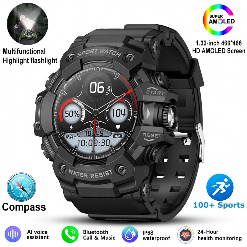 New Military Sports Smart Watch Men 100+ Sports Outdoor Fitness Compass Heart rate BT Call Waterproof Smartwatch For iOS Android