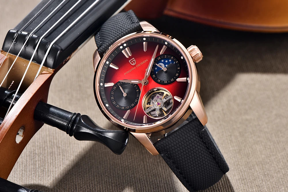 PAGANI DESIGN Newest 41MM Luxury Men's Mechanical Watch Sapphire Glass Leather Waterproof Pilot Tourbillon Moon Reroj Hombre