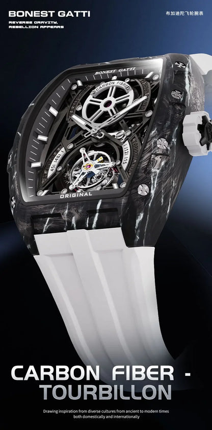 BONEST GATTI Men Automatic Mechanical Watch Skeleton Dial Sapphire Crystal Fluororubber Strap Waterproof Luminous Business watch