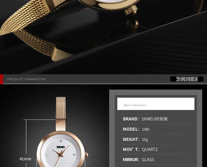 SKMEI Casual Stainless Steel Female Wristwatcch Relogio Feminino Luxury Quartz Ladies Watch Thin Strap Fashion Women Watch 1390