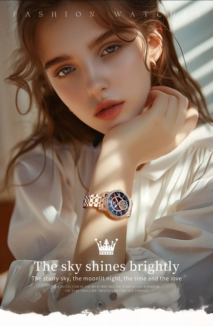OLEVS Women's Watches Starry Sky Design Automatic Watch for Women Stainless Steel Flywheel Hollowed Ladies Mechanical Watch 7036