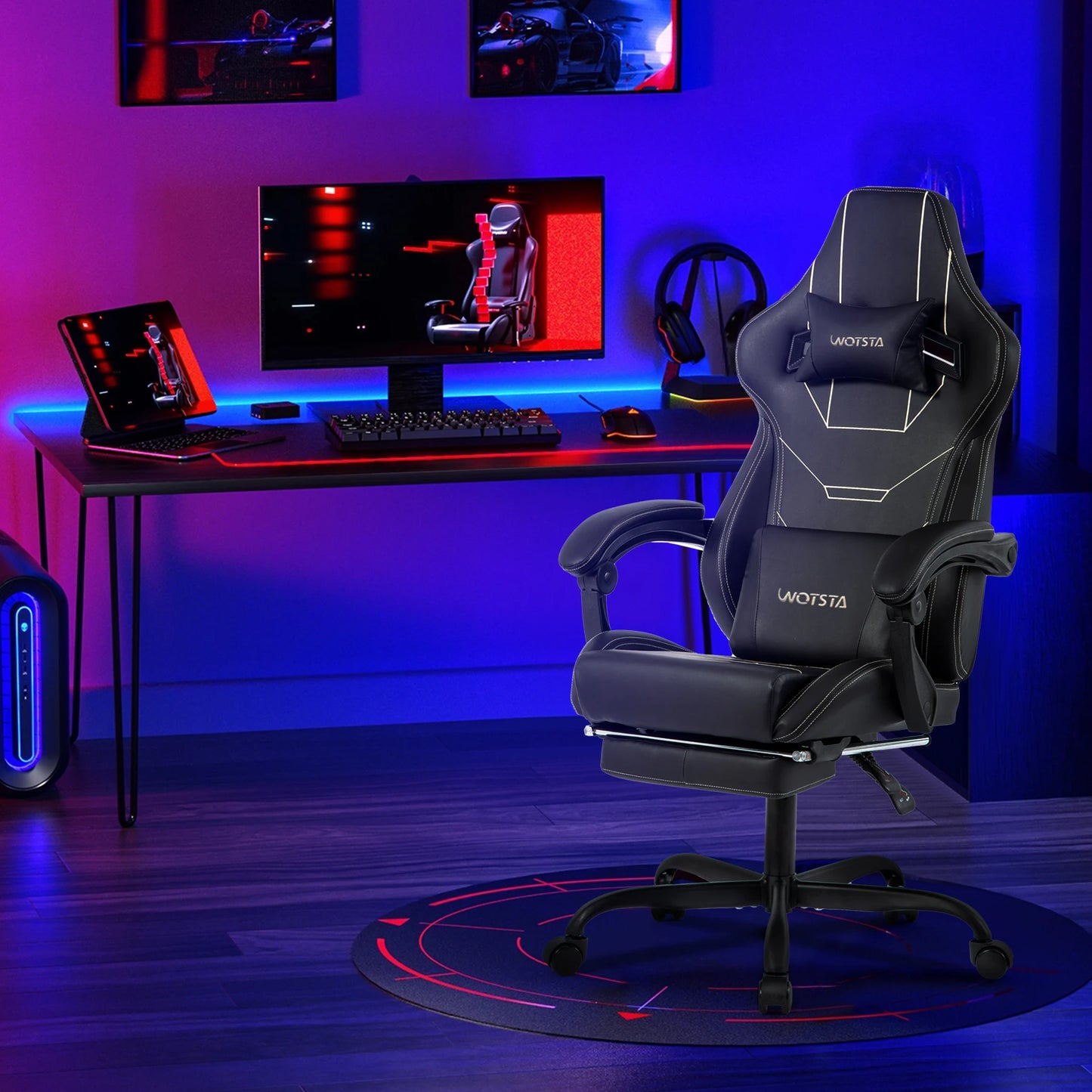 WOTSTA Gaming Stuhl Ergonomisch Gaming Chair Bürostuhl mit Fußstütze Racing Computerstuhl Höhenverstellbar Gepolstert Computerst