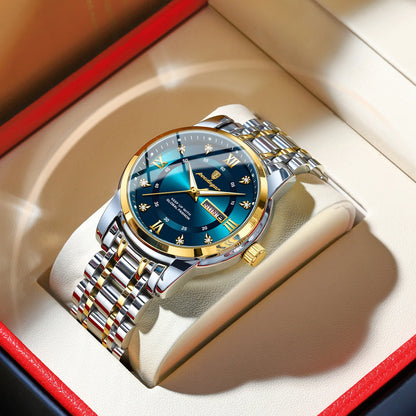 Trendy, luxe POEDAGAR herenpolshorloge, waterdicht, van roestvrij staal, verlicht, met datum en quartz-uurwerk.