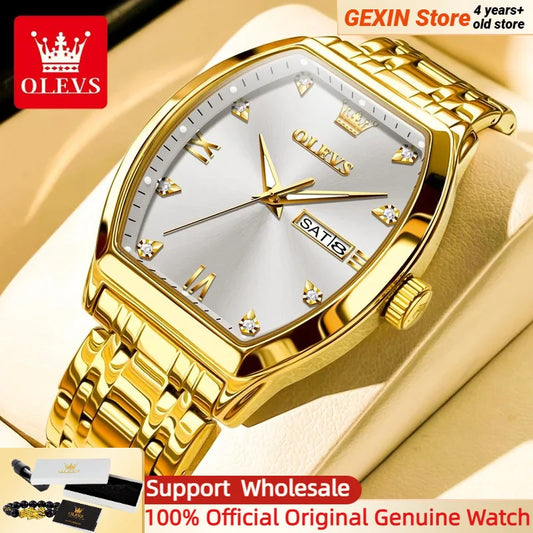 OLEVS New Men's Watches Quartz Luxury Gold Watch Classics Tonneau Dial Top Brand Waterproof Luminous Quartz Watch for Men 5528