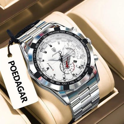 Montre homme de luxe POEDAGAR, étanche, lumineuse, date, sport, bracelet en acier inoxydable, mouvement à quartz.