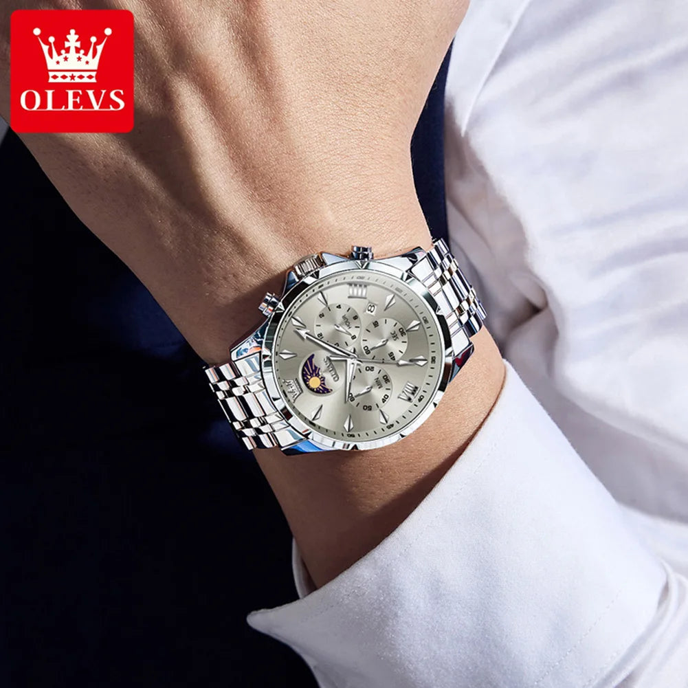 OLEVS 3653 Mens Watch Quartz Watch Multifunctional Chronograph Watch For Men 30M Waterproof Luminous Moon Phase Box Original