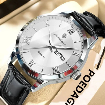 Montre homme tendance POEDAGAR, bracelet en cuir, date et semaine, montre à quartz de luxe, étanche, lumineuse, style business décontracté.