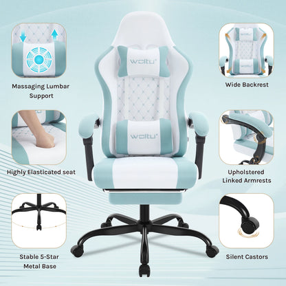 WOLTU Massage Gaming Chair Ergonomic Swivel Computer Chair with Pillow & Footrest Adjustable Headrest Lumbar Support Gamer Chair