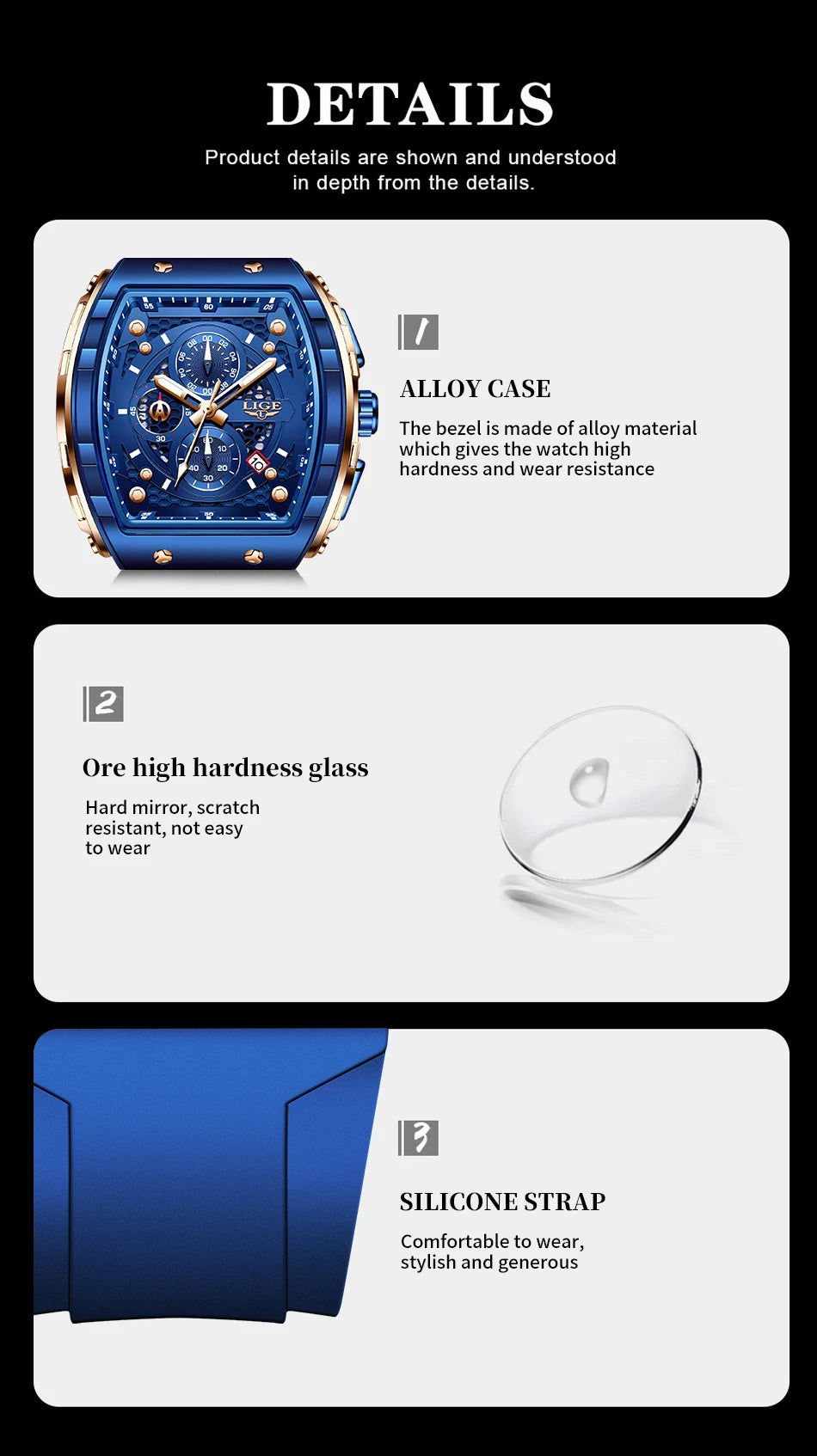 LIGE Man Watch Fashion Luxury Waterproof Silicone Strap Quartz Men's Watches Luminous Sports Auto Date Chronograph Simple Clocks