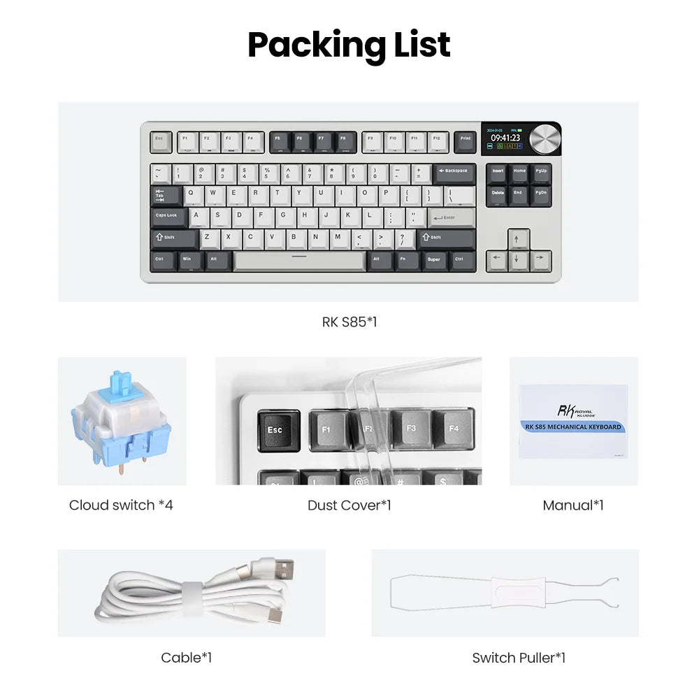 RK ROYAL KLUDGE S85 TFT Color Screent Mechanical Keyboard Tri Mode Wireless 85 Keycaps Hot-Swappable Gamer Keyboard RGB Backlit