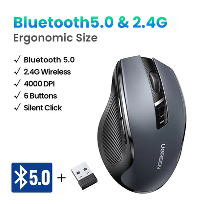Bezdrátová myš UGREEN Bluetooth 5.0, ergonomická myš 4000 DPI se 6 tichými tlačítky pro MacBook, tablet, notebooky, počítač PC, 2.4G myš