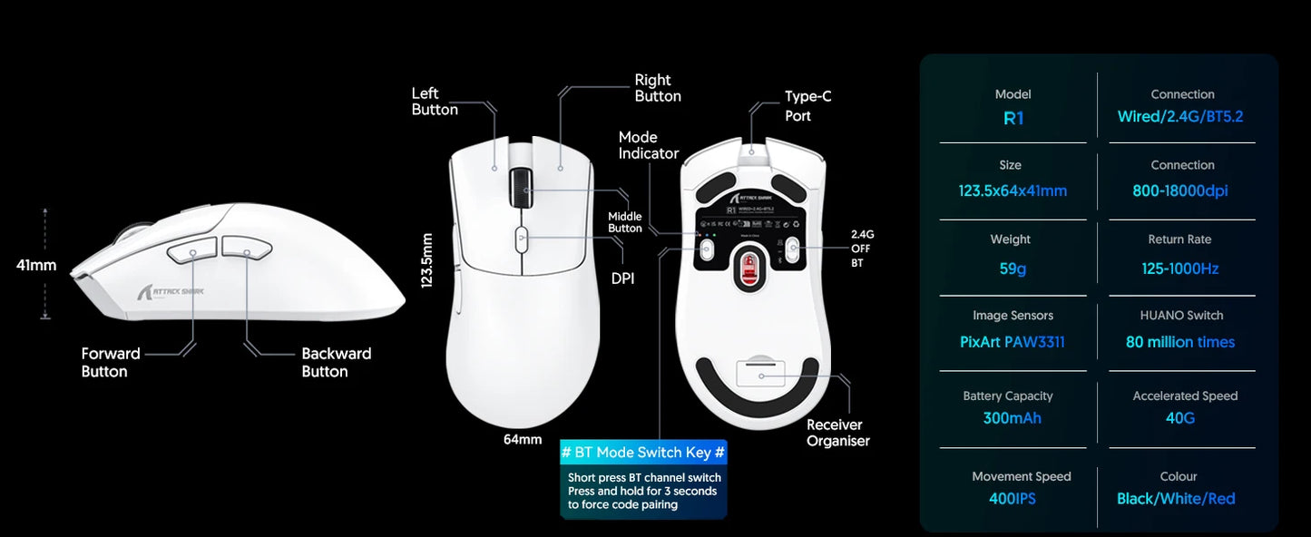 ATTACK SHARK R1 Tri-mode Gaming Mouse, PixArt PAW3311 Sensor, 18000 DPI, 1000hz, 59g Ultralight for Big Hand, for PC/Mac