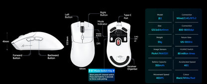 Herní myš ATTACK SHARK R1 Tri-mode, senzor PixArt PAW3311, 18000 DPI, 1000hz, ultralehká 59g pro velkou ruku, pro PC/Mac