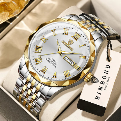 Montre-bracelet de luxe à quartz BINBOND Original Brand pour homme, lumineuse, étanche, date automatique, affichage du jour de la semaine, style décontracté.
