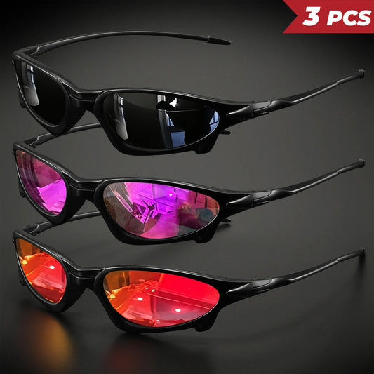 3PCS Futuristic Small Frame Colorful Sports Sunglasses - Wraparound Fit, UV400 for Cycling, Fishing & Travel